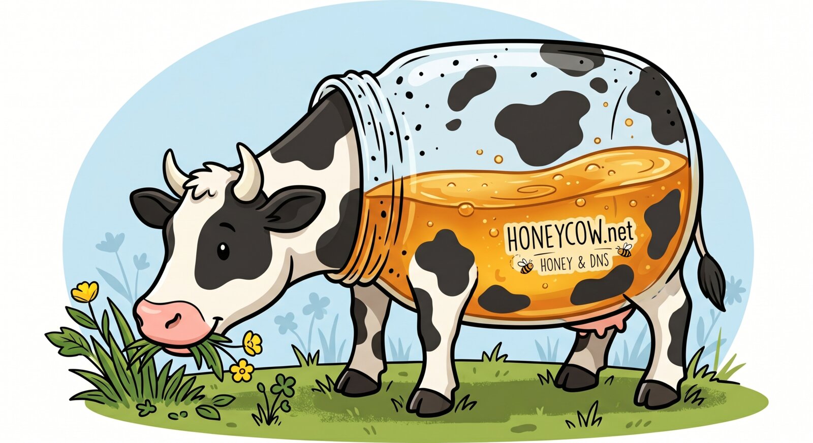 A black-and-white spotted cow whose body is a glass jar full of honey, in a field of yellow flowers and bees.